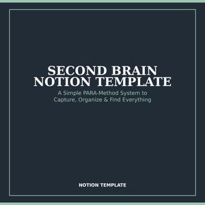 Può includere: Un grafico digitale di modello Notion grigio scuro con il testo bianco SECOND BRAIN NOTION TEMPLATE, seguito dal sottotitolo A Simple PARA-Method System to Capture, Organize & Find Everything, con NOTION TEMPLATE in basso.