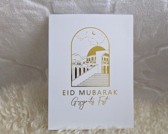 Tarjeta plegable Eid Mubarak, blanca con dorado