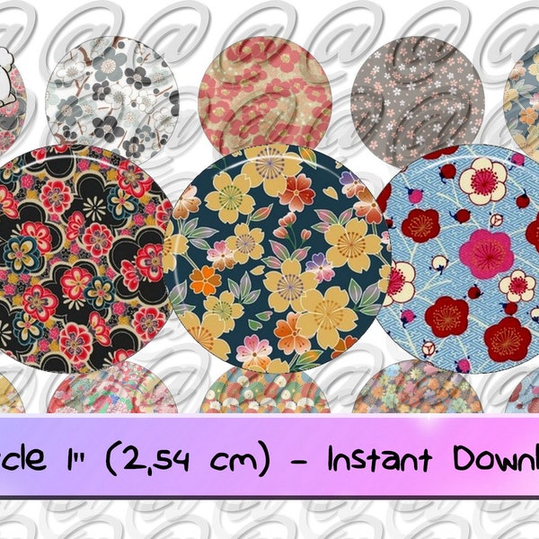 Japanese flower patterns - images for round cabochons - size 1" 25mm - immediate and digital download - JPG files