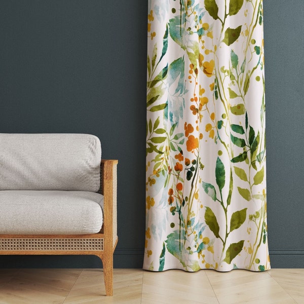 Green Leaves Window Curtains for Living Room, Boho Design Window Drapes, Birds Print Blackout Curtains, Spring Theme Window Treatment Models