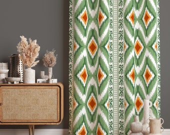 Ikat Patroon Gordijnen, Groene Moderne Kunst Raambekleding voor Woonkamer, Geometrisch Abstract Draperie, Boho Bloemen Raamgordijnen, Boho Decor