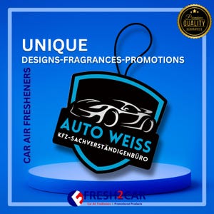May include: A black car air freshener with a shield design featuring a car silhouette and the text "AUTO WEISS KFZ-SACHVERST&Auml;NDIGENB&Uuml;RO." The freshener is on a blue background with the words "UNIQUE DESIGNS-FRAGRANCES-PROMOTIONS" and "CAR AIR FRESHENERS."