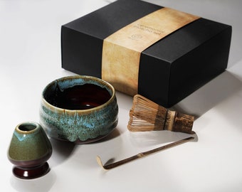 Set de regalo ceremonial de Matcha: batidor de bambú, cuchara, cuenco de cerámica para Matcha y soporte para batidor/kit de inicio de Matcha para ceremonia del té japonés