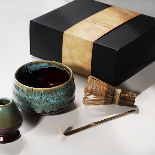 Ceremonial Matcha Gift Set: Bamboo Whisk, Scoop, Ceramic Matcha Bowl & Whisk Holder | Japanese Tea Ceremony Matcha Starter Kit