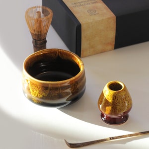 Ceremonial Matcha Gift Set: Bamboo Whisk and Scoop, Handglazed Ceramic Bowl & Whisk Holder