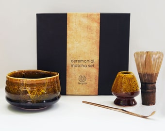 Juego de matcha ceremonial: batidor de bambú, cuchara, cuenco de cerámica Matcha y soporte para batidor, caja de regalo de ceremonia de té japonesa/kit de inicio Matcha