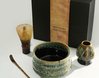 Ceremonial Matcha Gift Set: Bamboo Whisk, Scoop, Ceramic Matcha Bowl & Whisk Holder | Japanese Tea Ceremony Matcha Starter Kit