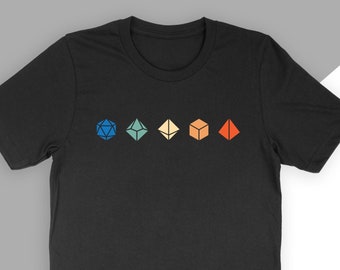 May include: Black t-shirt with a row of five colorful dice printed on the front. The dice are in a gradient of blue, green, yellow, orange, and red.
