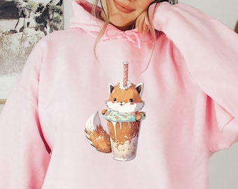 Japanese Coffee Fox Kawaii Hoodie, Kawaii Clothing, Anime Hoodie, Japanese Hoodie, Harajuku Hoodie, Japanese Streetwear, Harajuku Clothing