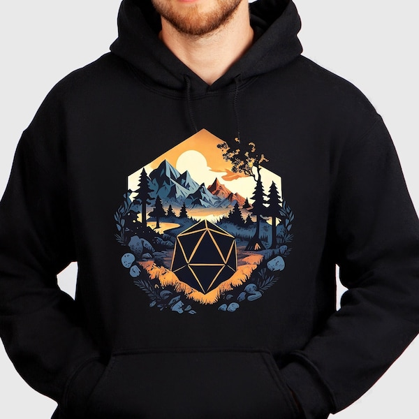 D20 Sunset DnD Hoodie, DnD Apparel, D20 Dice Hoodie, Dungeons and Dragons Christmas, DnD Player Gift, DnD Gift For Him, DnD Gift For Her