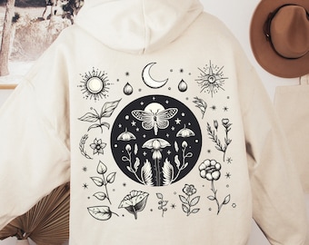 Boho Cottagecore Mushroom Hoodie, Moth Hoodie, Goblincore Hoodie, Fairycore Hoodie, Psychedelic Hoodie, Dark Academia Hoodie, Mushroom Shirt