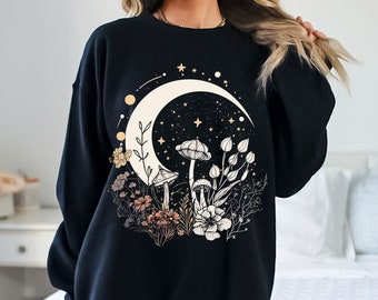 Celestial Cottagecore Mushroom Sweater, Mushroom Sweatshirt, Goblincore Sweater, Fairycore Shirt, Psychedelic Shirt, Mushroom Shirt