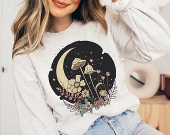 Moon Cottagecore Mushroom Sweater, Mushroom Sweatshirt, Goblincore Sweater, Fairycore Shirt, Psychedelic Shirt, Mushroom Shirt