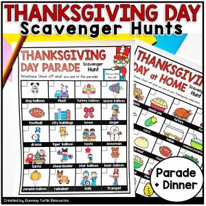 Peut inclure: Feuilles d'activités imprimables pour les chasses au trésor de Thanksgiving. Une feuille est pour un défilé, l'autre pour un dîner. Chaque feuille présente des illustrations d'objets à trouver et à cocher.
