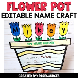 May include: A printable flower pot craft for kids to write their name. The craft features a flower pot with a yellow and blue striped pattern and five colorful flowers with letters spelling out the name "Mikey". The text "My Name Garden" is written on the pot.