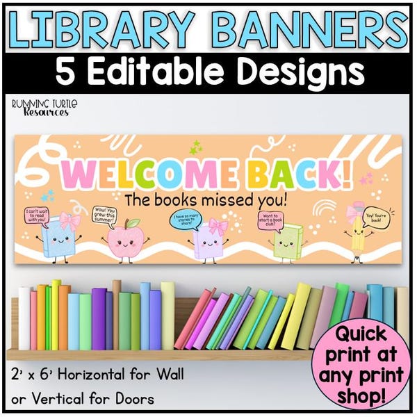 Welcome Back Library Banner, Editable Canva Template, Bookworm Decor (Digital Download)