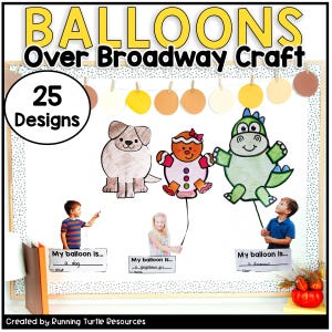 Könnte beinhalten: Ein Bastelprojekt mit dem Titel "Balloons Over Broadway" mit 25 Designs. Das Bild zeigt Ballon-Designs von einem Hund, einem Lebkuchenmädchen und einem Dinosaurier. Der Text "My balloon is..." ist unter jedem Design sichtbar. Das Projekt wurde von Running Turtle Resources erstellt.