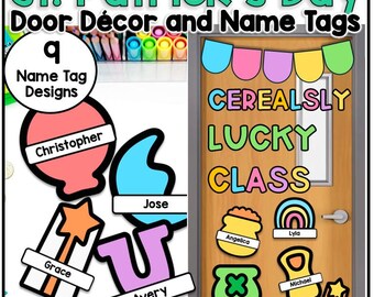 Décoration de porte de classe pour la Saint-Patrick, étiquettes nominatives « Cerealously Lucky » (téléchargement numérique)