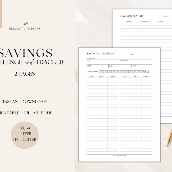 Savings Tracker, Savings Challenge, Printable Planner, Money Challenge, Saving Money, Payment Tracker, Personal Finance, A4/A5/Letter/Half