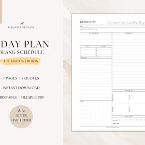 Plan diario Horario en blanco con plan de comidas, citas de vida motivacionales, planificador imprimible de 7 días, organizador diario minimalista, A4 / A5 / carta / mitad