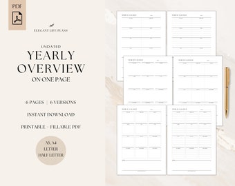 Year at a Glance Printable, Undated Annual Planner, Minimalist Yearly Overview on one page, Calendar for fridge, A4/A5/Letter/Half Letter