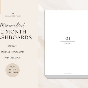 Minimalist 12 Month Planner Dashboard, Printable Planner Dividers, Monthly Dashboard, Planner Cover, Dashboard Decor, A4/A5/Letter/Half