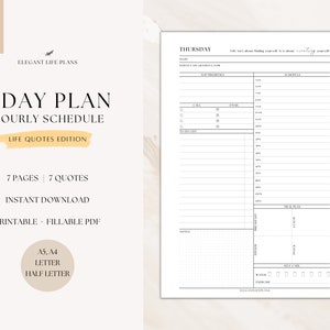Planificador diario, planificador por horas con plan de comidas, citas inspiradoras, planificador imprimible de 7 días, organizador diario minimalista, A4/A5/carta/medio