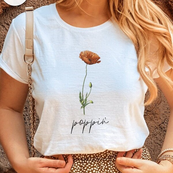 Summer Poppy Floral Pattern Printed Women's Casual Long Sleeve Comfortable Cotton Shirt