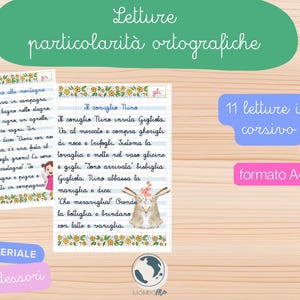 Op de afbeelding: Educatief materiaal met Italiaanse tekst, met handgeschreven cursieve verhalen en illustraties van konijnen en andere dieren. Bevat de tekst "11 letture in corsivo" en "formato A4".