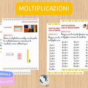 Può includere: Fogli di lavoro di moltiplicazione Montessori educativi con perline colorate e tabelle di moltiplicazione. I fogli di lavoro sono progettati per far imparare la moltiplicazione ai bambini. L'immagine include la parola "Moltiplicazioni" in uno striscione giallo.