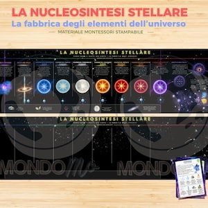 Può includere: Un grafico educativo Montessori stampabile intitolato LA NUCLEOSINTESI STELLARE che presenta una linea temporale orizzontale dell'evoluzione stellare su uno sfondo spaziale nero con illustrazioni di stelle colorate, testo descrittivo e una scheda.