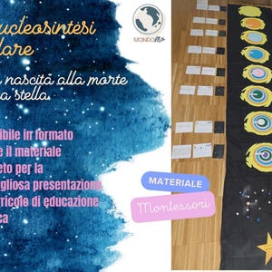 May include: A black felt board with a yellow star and a series of colorful circles representing the stages of a star's life cycle. The board is labeled "Nucleosintesi Stellare" and "dalla nascita alla morte di una stella". The text "MATERIALE Montessori" is visible in the lower right corner.