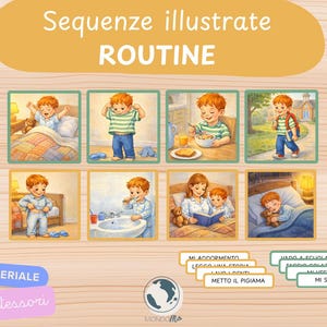 Pode incluir: Cartões de sequência ilustrados de rotina para crianças. Os cartões mostram a rotina diária de uma criança, incluindo acordar, vestir-se, tomar o pequeno-almoço e ir para a escola. O texto "Sequenze illustrate ROUTINE" está no topo.