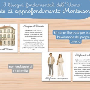 May include: A set of 84 Montessori educational cards titled I bisogni fondamentali dell'Uomo, featuring illustrations and text about human progress. The cards display historical buildings like the Abitazione dell'Ottocento and modern clothing.