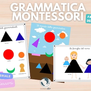 Può includere: Materiali educativi Montessori con testo in italiano. L'immagine mostra illustrazioni colorate di simboli grammaticali, tra cui forme e figure. Il testo include "GRAMMATICA MONTESSORI" e "MATERIALE Montessori".