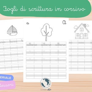 Può includere: Tre fogli di lavoro bianchi con esercizi di scrittura corsiva. Il foglio superiore ha un disegno di una barca e la parola "barca". Il foglio centrale ha un disegno di un albero e la parola "albero". L'ultimo foglio ha un disegno di una casa e la parola "casa". Il testo "Fogli di scrittura in corsivo" è in alto.