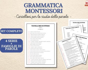 Montessori Word Charts – Prefixes, Suffixes, Compound Words, and Word Families | Italian Language Morphology Printable PDF