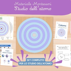 May include: A Montessori educational set for studying the atom, featuring a wooden board with concentric light blue and purple circles, various instructional cards with diagrams, text labels like 'Protone', and worksheets for learning atomic structure.