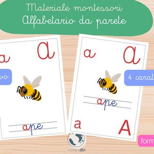 May include: Two educational flashcards featuring the letter a in cursive and print, accompanied by a bee illustration and the word ape. The cards include text labels in Italian such as Materiale montessori, Alfabetario da parete, corsivo, 4 caratteri, and formato A4.