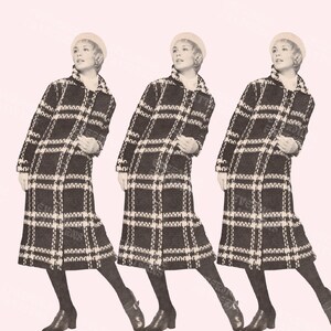 May include: Three women wearing black and white checked coats with white hats and black shoes.
