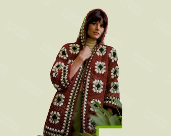 Vintage Crochet Pattern Granny Square Cardigan Hooded Jacket | Sweater Granny Square Coat Crochet | Winter Coat Instant Digital Download PDF