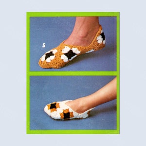 May include: A pair of crocheted slippers with a checkered pattern in black, white, and orange. The slippers are shown on a model's feet.