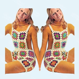 Granny Square Overalls Vintage Crochet Pattern | Granny Square Crochet Bib Shorts Shortalls | 1970's 70s Instant Digital Download PDF