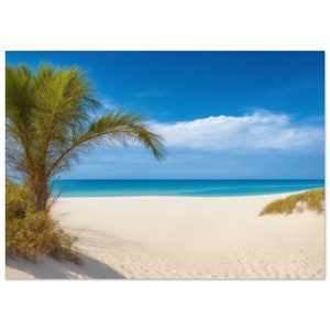 Ocean Harmony, high-quality poster print 70cm x 50 cm A view of the white sandy beach with palm trees