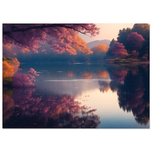 Tranquil Lake Reflections Art Print - Pittura a olio paesaggio autunnale - Decorazione murale natura