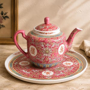 May include: A pink ceramic teapot and matching round tray featuring intricate white and gold floral scrollwork, blue geometric borders, and white circular medallions containing black Chinese characters on both the teapot and the tray surface.