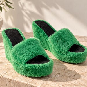 May include: A pair of bright green wedge sandals featuring a thick, fuzzy faux fur exterior. The footbed is black with a quilted diamond pattern, and the design includes an open-toe front and a high wedge heel covered in the same green fur.