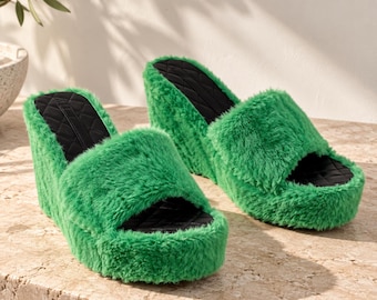 Green Faux Fur Platform Wedge Mules | Y2K Fuzzy Platform Sandals | Statement Shoes EU Size 40