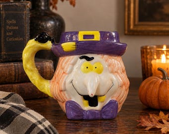 Vintage 1990s Halloween Witch Mug | Figural Witch Coffee Cup | Purple Hat Witch | Kitsch Halloween Decor | Retro Spooky Season