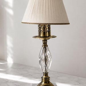 Vintage Crystal & Brass Table Lamp with Marble Base, Hollywood Regency Style Accent Lamp, Traditional Bedside Lighting